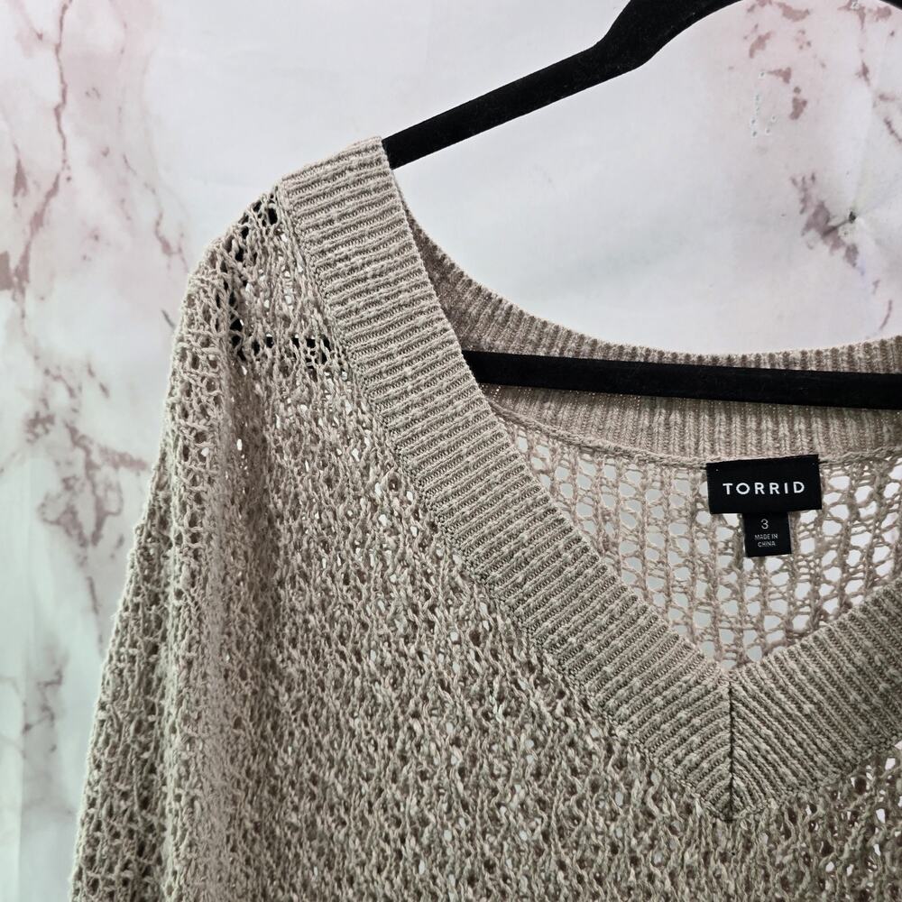Torrid Sweater Womens 3 3X Beige V Neck Plunge Open Stitch Pullover Slouchy - Picture 2 of 12